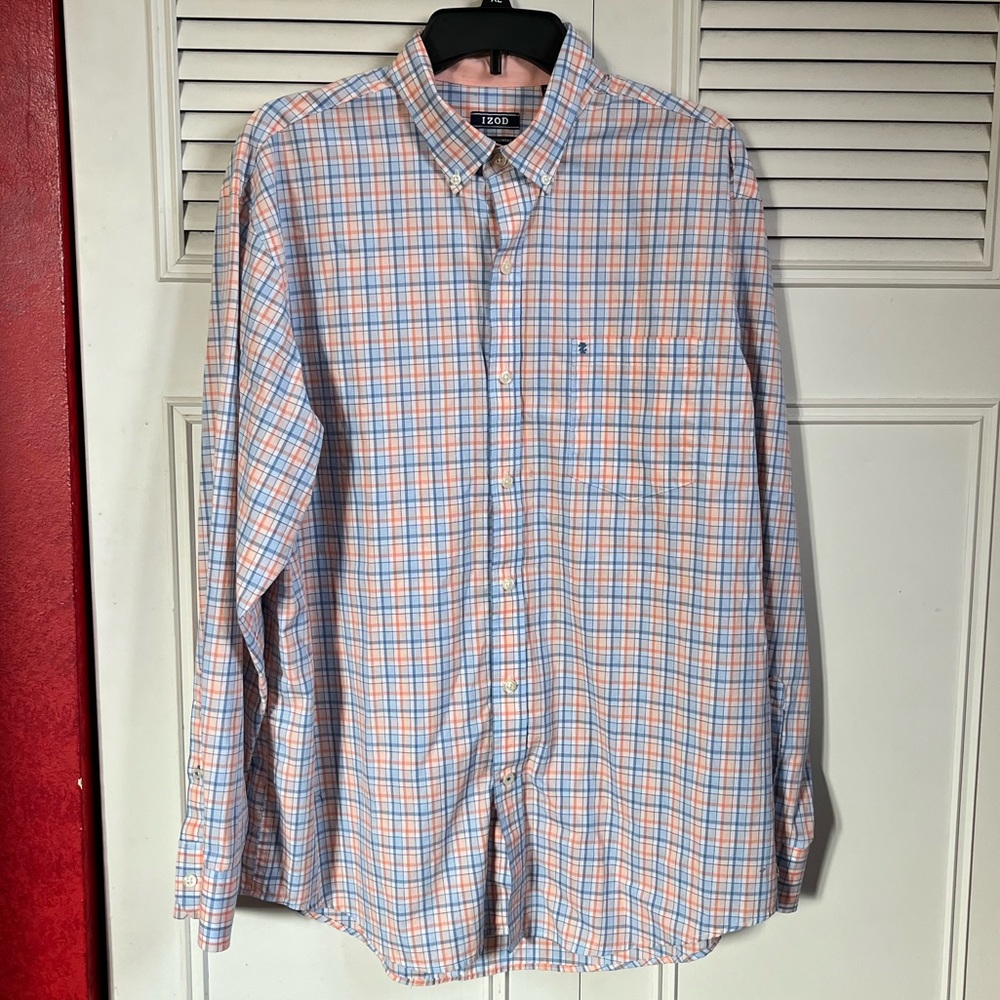 IZOD Premium Essentials Cotton Plaid Button Down Shirt Sz Lg